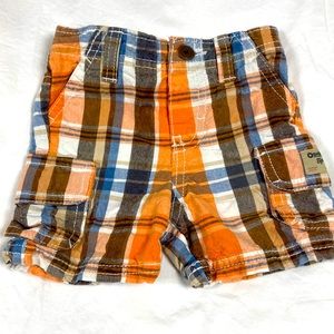 Oshkosh boys white, orange, blue and brown plaid shorts size 6 months